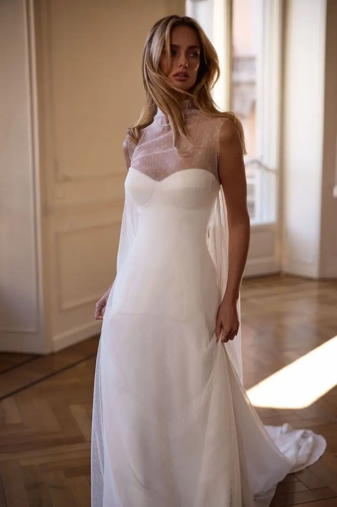 New Two Wide Strapps Satin Sheath/Mermaid Wedding Dresses With An ethereal turtleneck sleeveless illusion cover dress made from