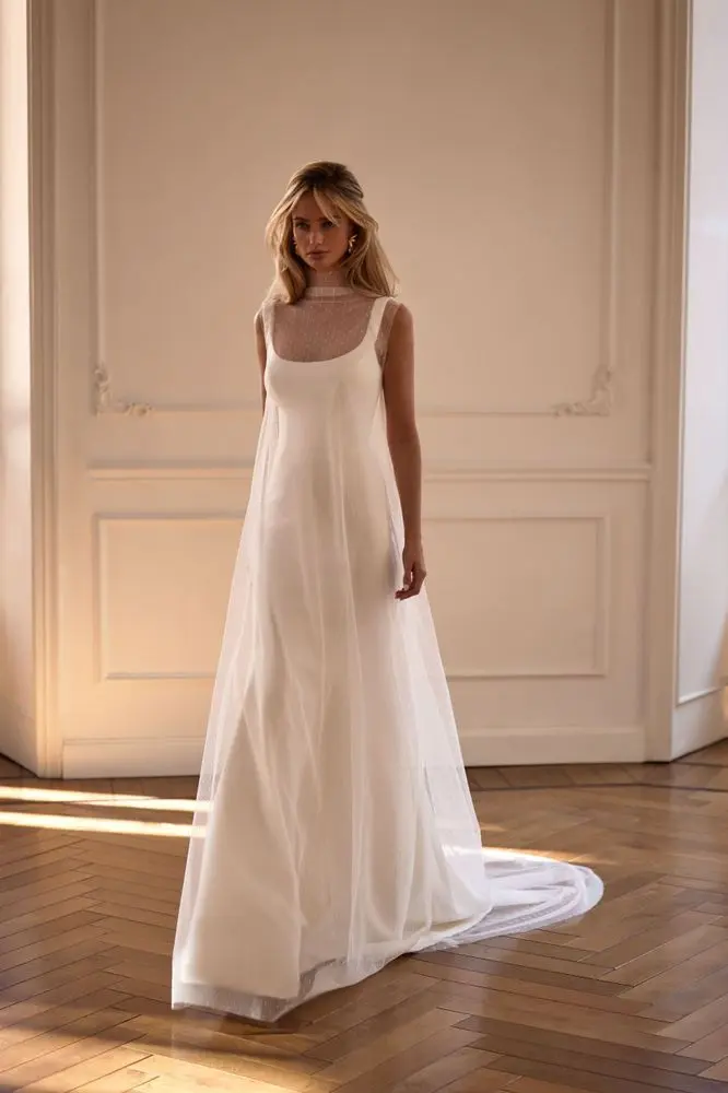New Two Wide Strapps Satin Sheath/Mermaid Wedding Dresses With An ethereal turtleneck sleeveless illusion cover dress made from