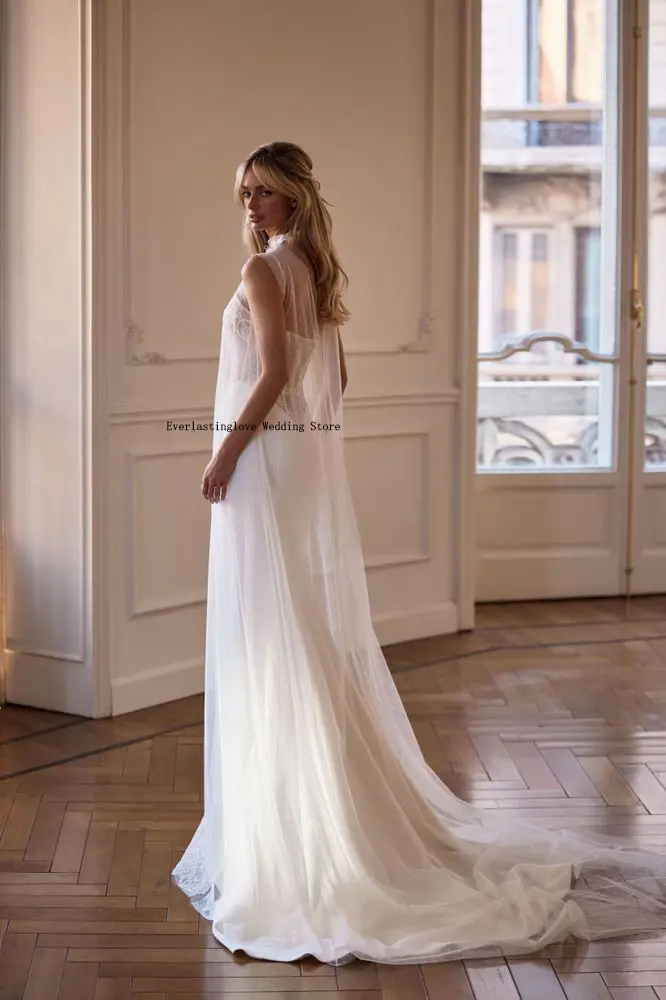 New Two Wide Strapps Satin Sheath/Mermaid Wedding Dresses With An ethereal turtleneck sleeveless illusion cover dress made from
