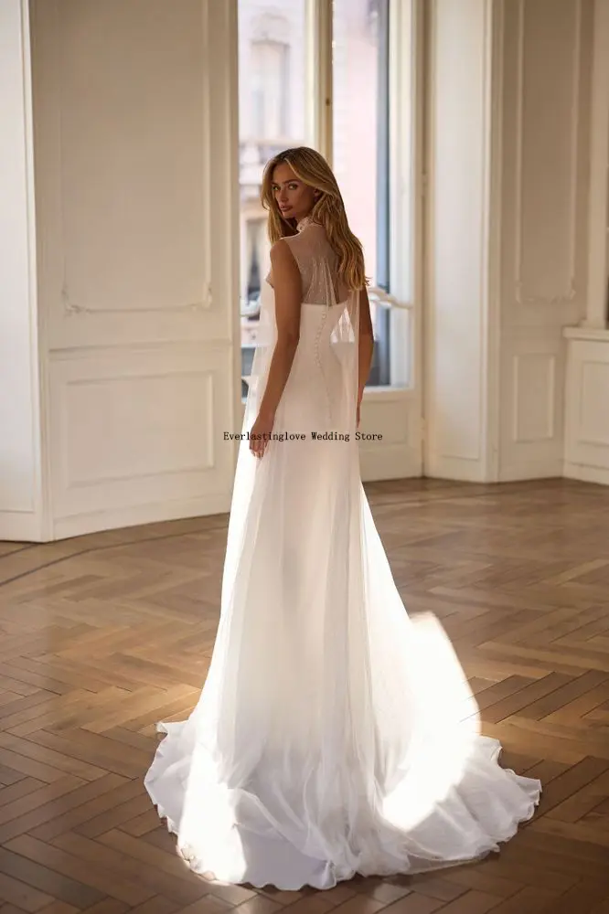 New Two Wide Strapps Satin Sheath/Mermaid Wedding Dresses With An ethereal turtleneck sleeveless illusion cover dress made from