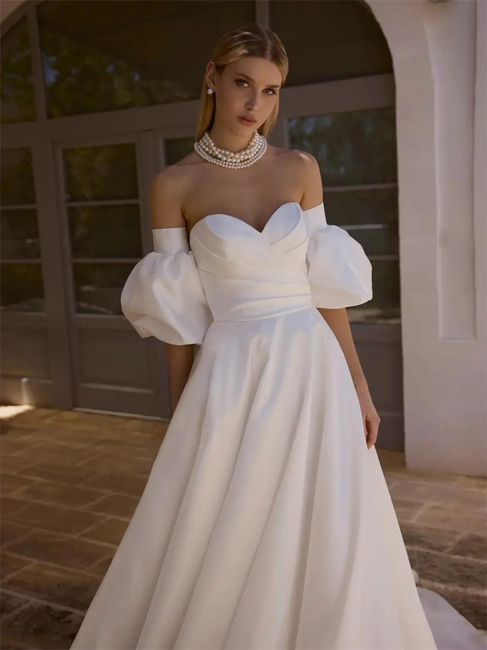 Removeable Short Sleeves Pleat Sweethart Satin A Line Wedding Dresses Corset Back Sweep Train Custom Made 2026 Rode De Morrie