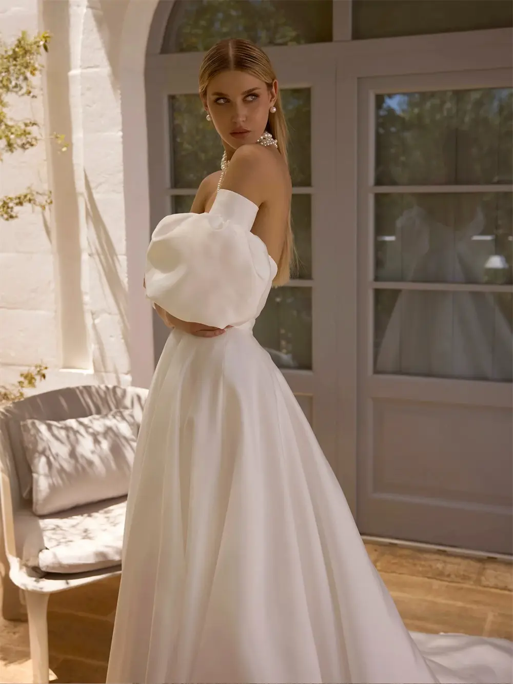 Removeable Short Sleeves Pleat Sweethart Satin A Line Wedding Dresses Corset Back Sweep Train Custom Made 2026 Rode De Morrie