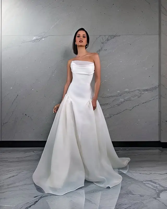 Charming Strapless Pleat Satin A Line Wedding Dresses Custom Made Bridal Grown  2025 Vestido De Noival