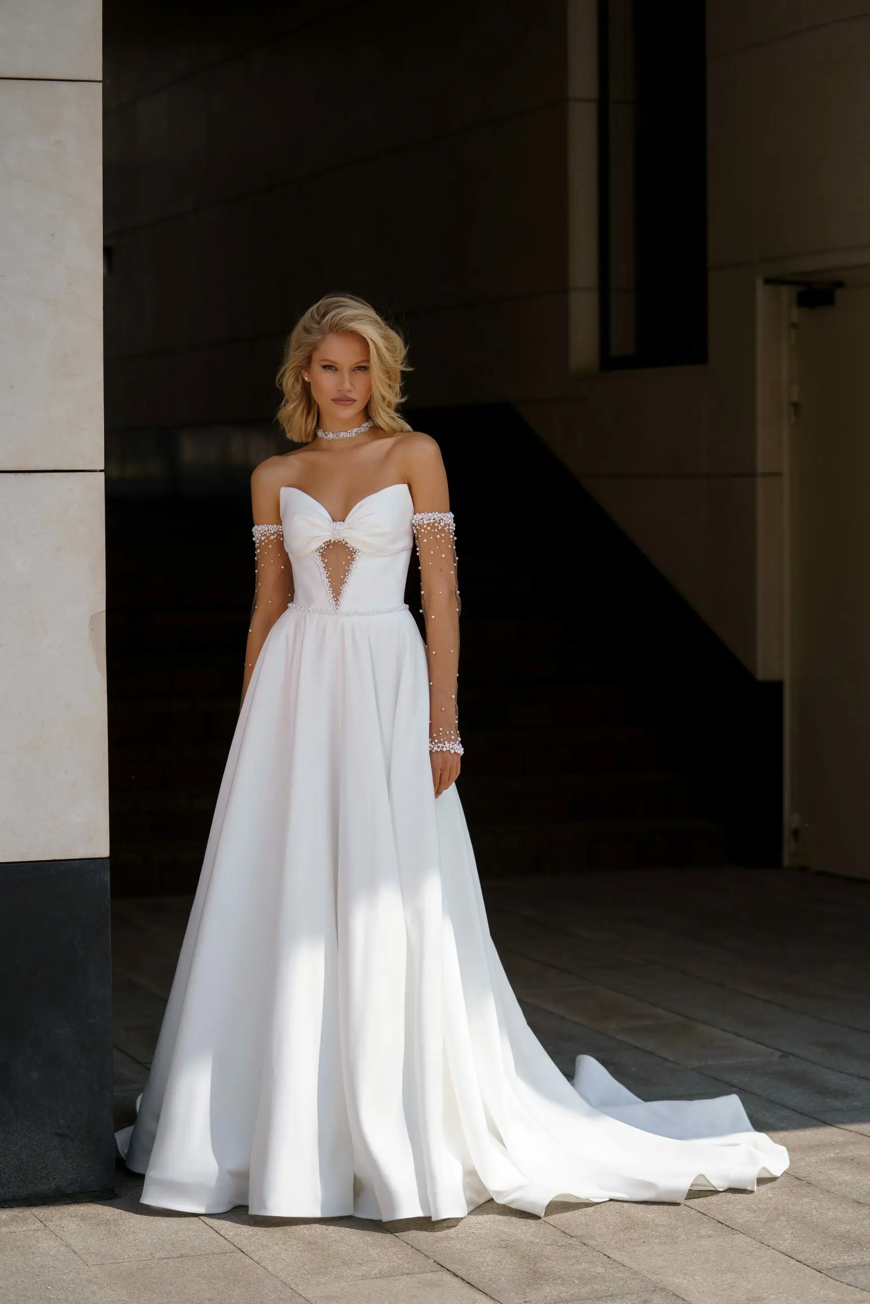 Modern Detachable Long Beaded Sleeves V-neck Satin Princess A Line Wedding Dresses Sweep Train Custom Made 2024 Vestido De Noiva