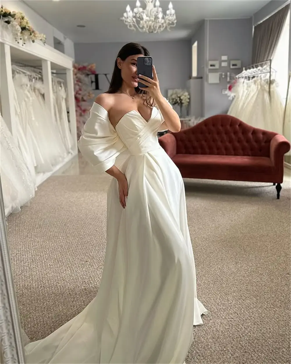 Luxurious Off The Shoulder Pleat V-neck Satin A Line Wedding Dresses Side Slit Custom Made Bridal Grown 2025 Vestido De Noival