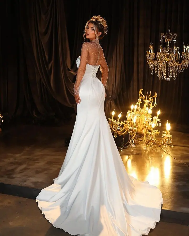 Moder Shiny High Neck Long  Sleeves Satin Sheath/Mermaid Wedding Dresses Sweep Train Bridal Grown Vestido De Noival