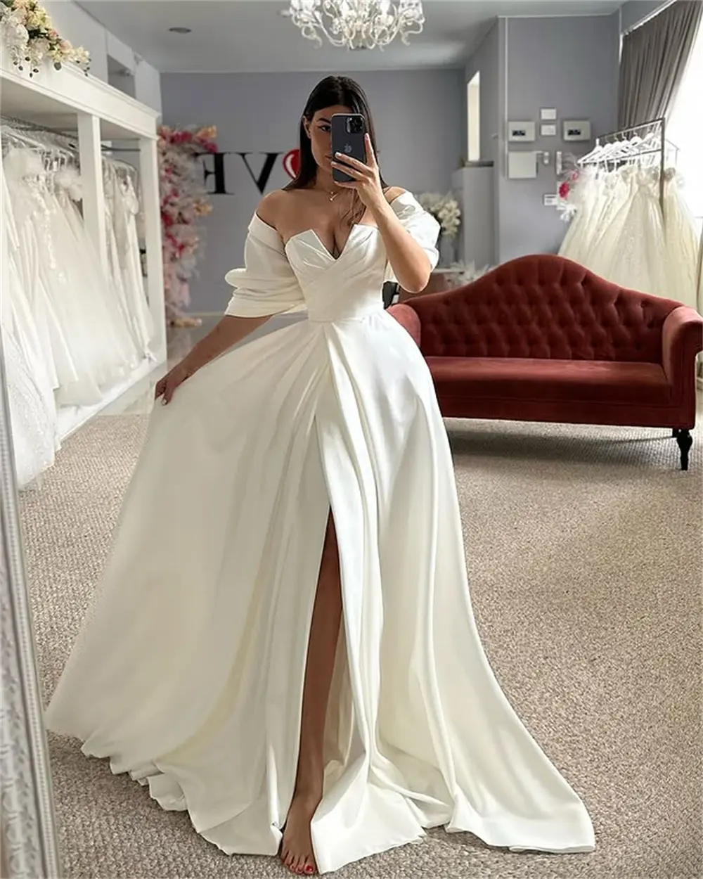 Luxurious Off The Shoulder Pleat V-neck Satin A Line Wedding Dresses Side Slit Custom Made Bridal Grown 2025 Vestido De Noival