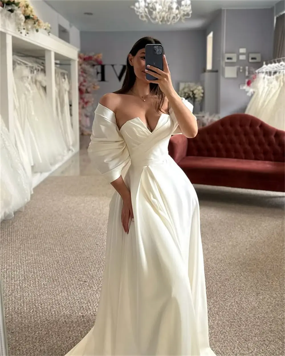Luxurious Off The Shoulder Pleat V-neck Satin A Line Wedding Dresses Side Slit Custom Made Bridal Grown 2025 Vestido De Noival