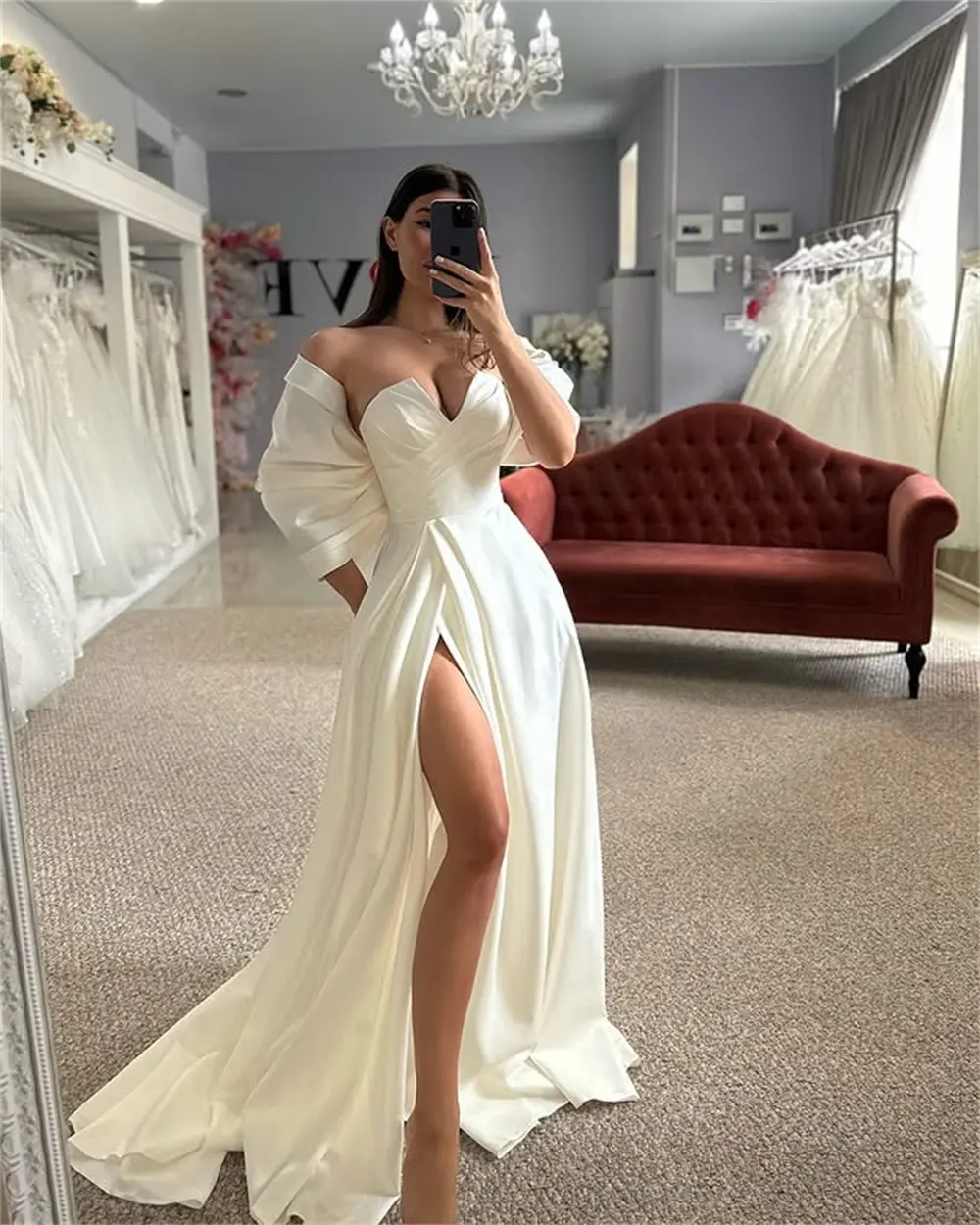 Luxurious Off The Shoulder Pleat V-neck Satin A Line Wedding Dresses Side Slit Custom Made Bridal Grown 2025 Vestido De Noival