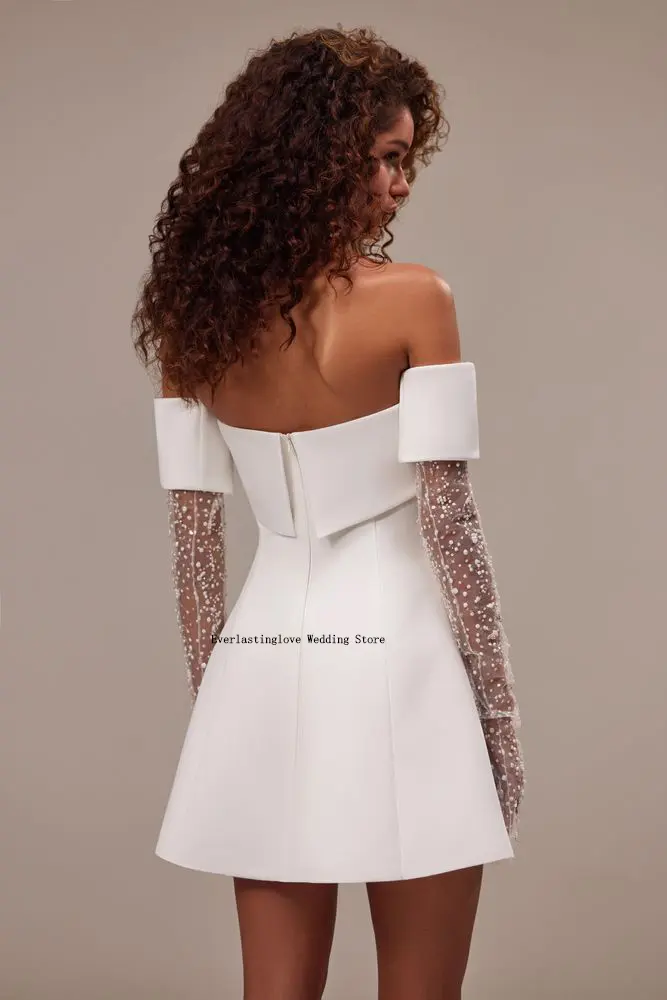 Sophisticated off-the-shoulder satin Short Mini Wedding Dresses a straight neckline and semi-transparent long sleeves Custom