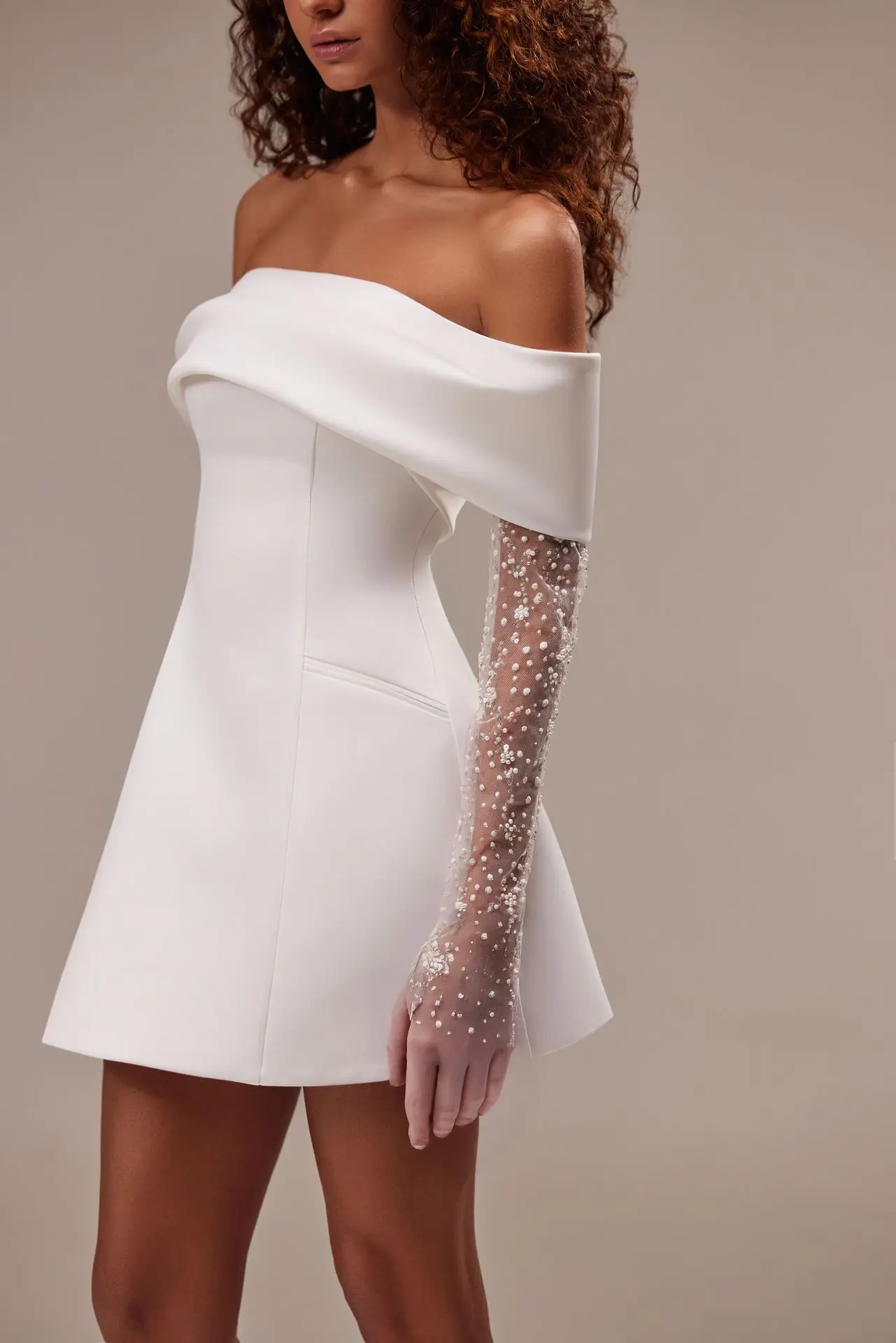 Sophisticated off-the-shoulder satin Short Mini Wedding Dresses a straight neckline and semi-transparent long sleeves Custom