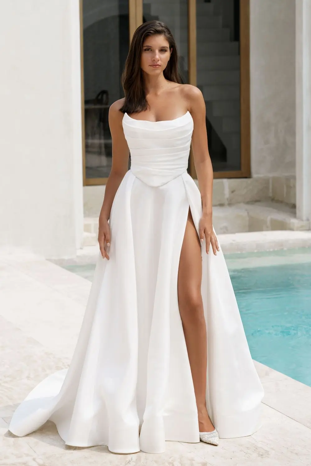 Elegant Scoop Neckline Pleat Satin A Line Wedding Dresses Side Slit Custom Made Bridal Grown 2025 Vestido De Noival