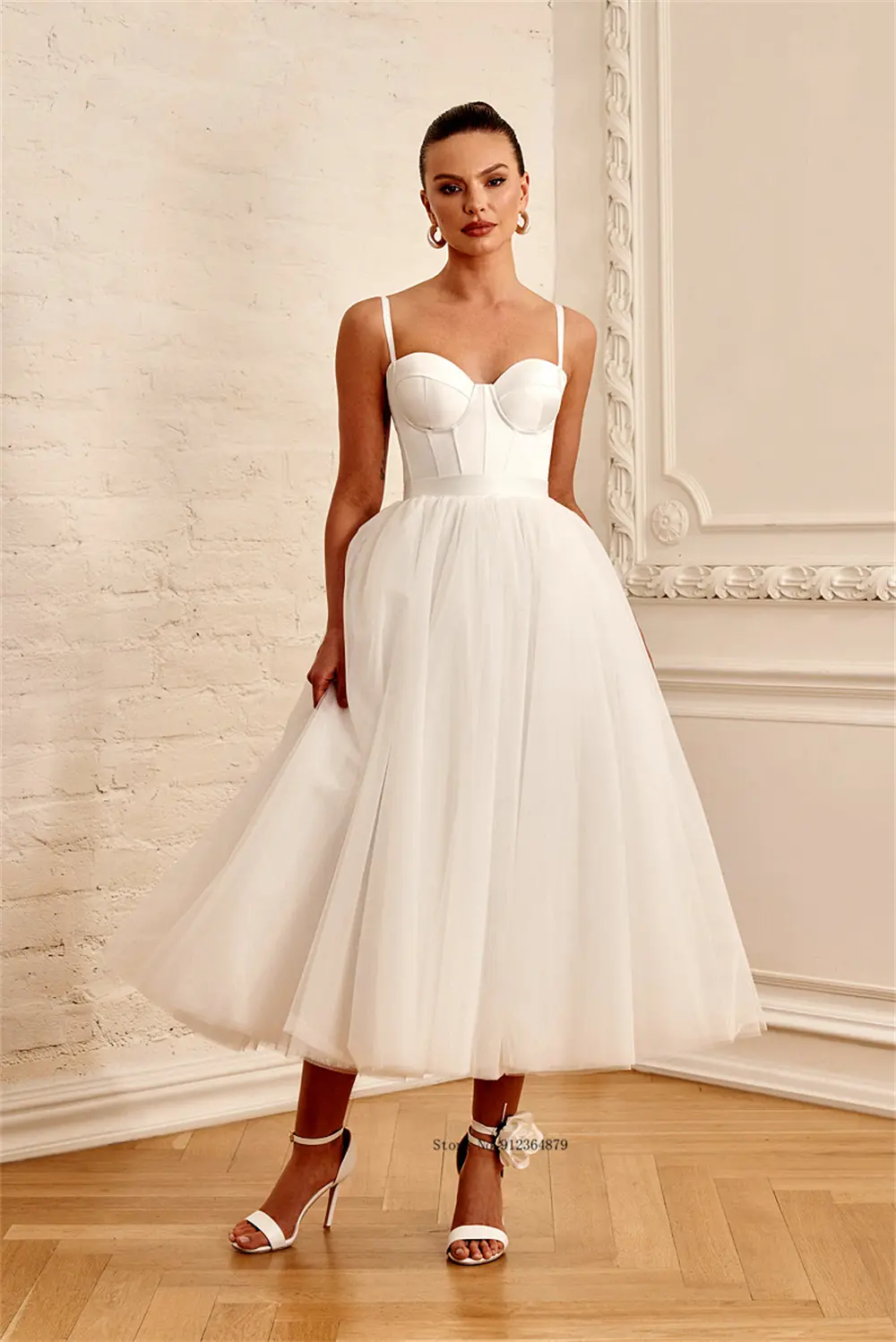 Popular Two Straps Sweethart  Anlke Length Tulle A Line Wedding Dresses Custom  Made Bridal Grown Vestido De Noival