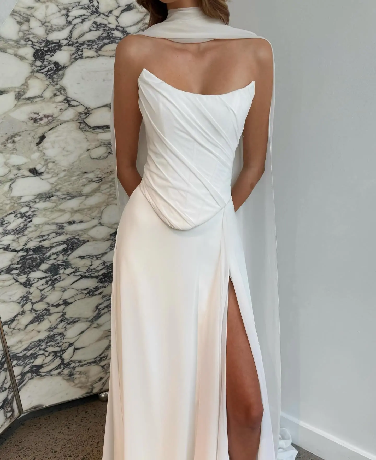 New Pleat Scoop Neckline Two Piece A Line Wedding Dresses Side Slit Wiht Long Scalf Custoom Made 2026 Rode De Morrie