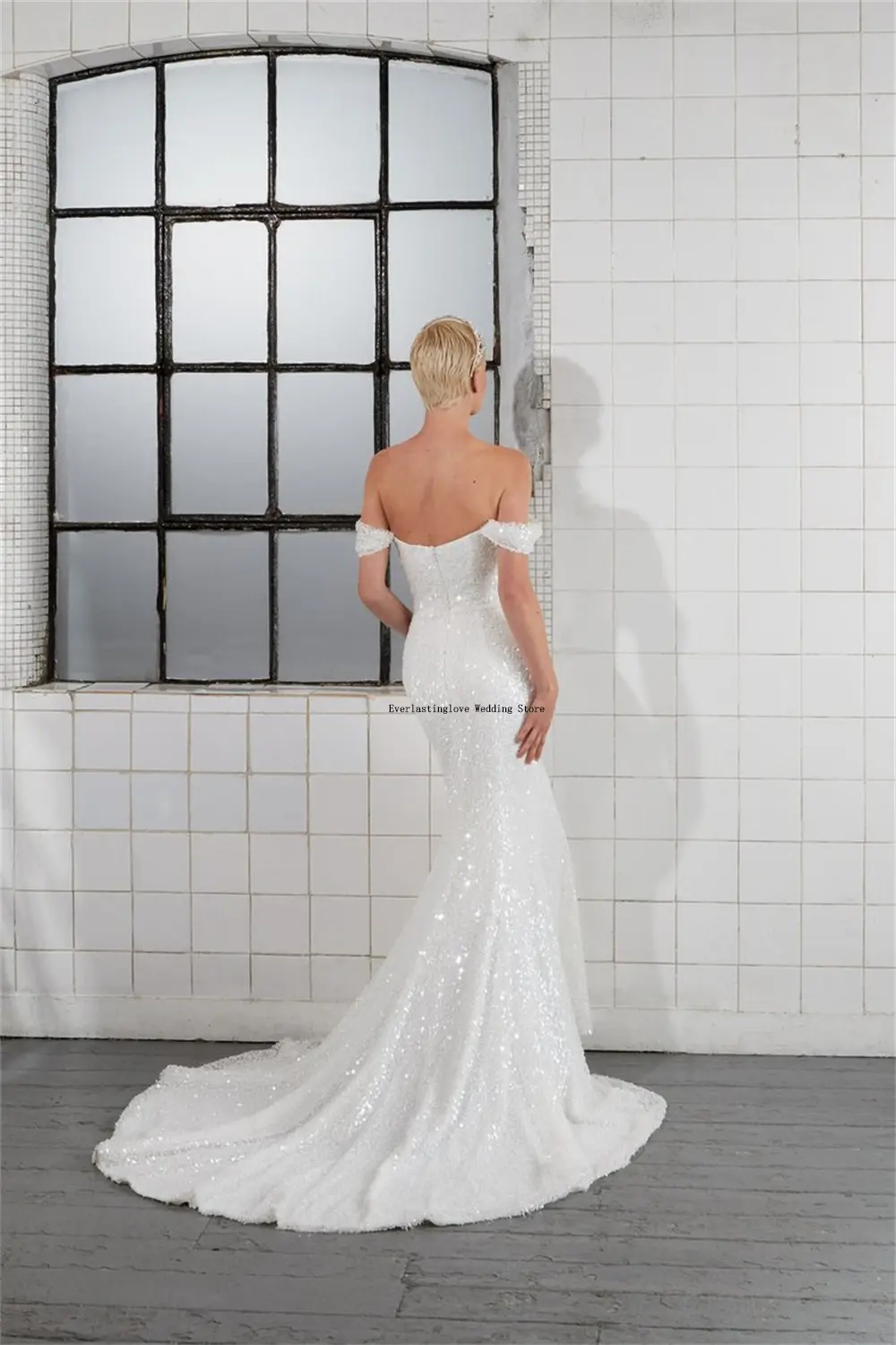 Shiny Off The Shoulder Sequined Mermaid Wedding Dresses Sweep Train Custom Made 2025 Vestido De NoIval