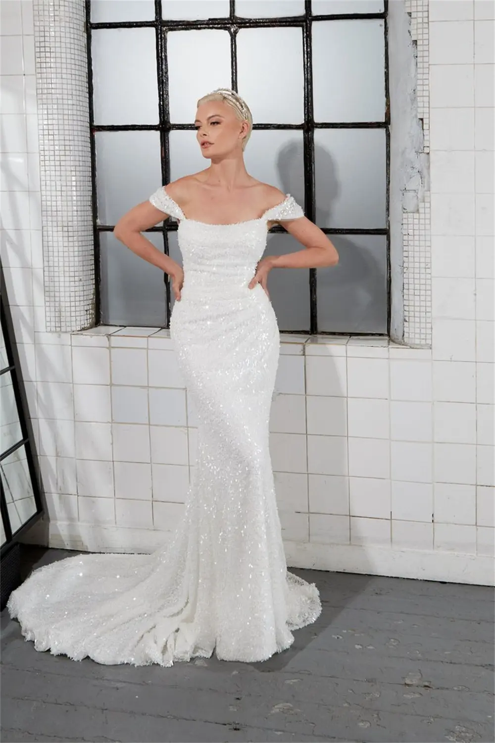 Shiny Off The Shoulder Sequined Mermaid Wedding Dresses Sweep Train Custom Made 2025 Vestido De NoIval