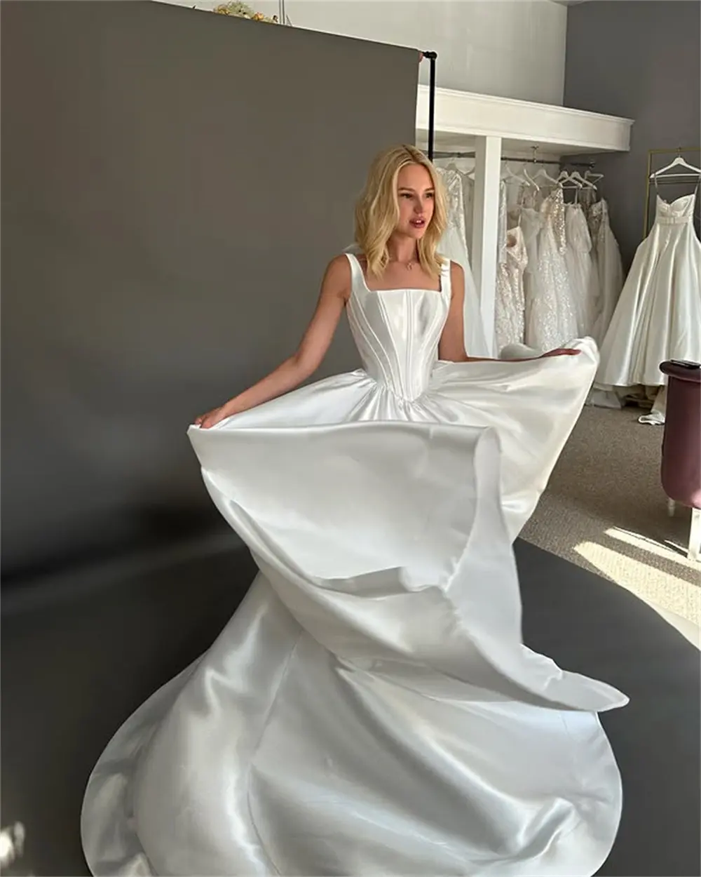 Charming Two Wide Straps Scoop Neckline Satin A Line Wedding Dresses Sweep Train Custom Made 2025 Vestido De Noival
