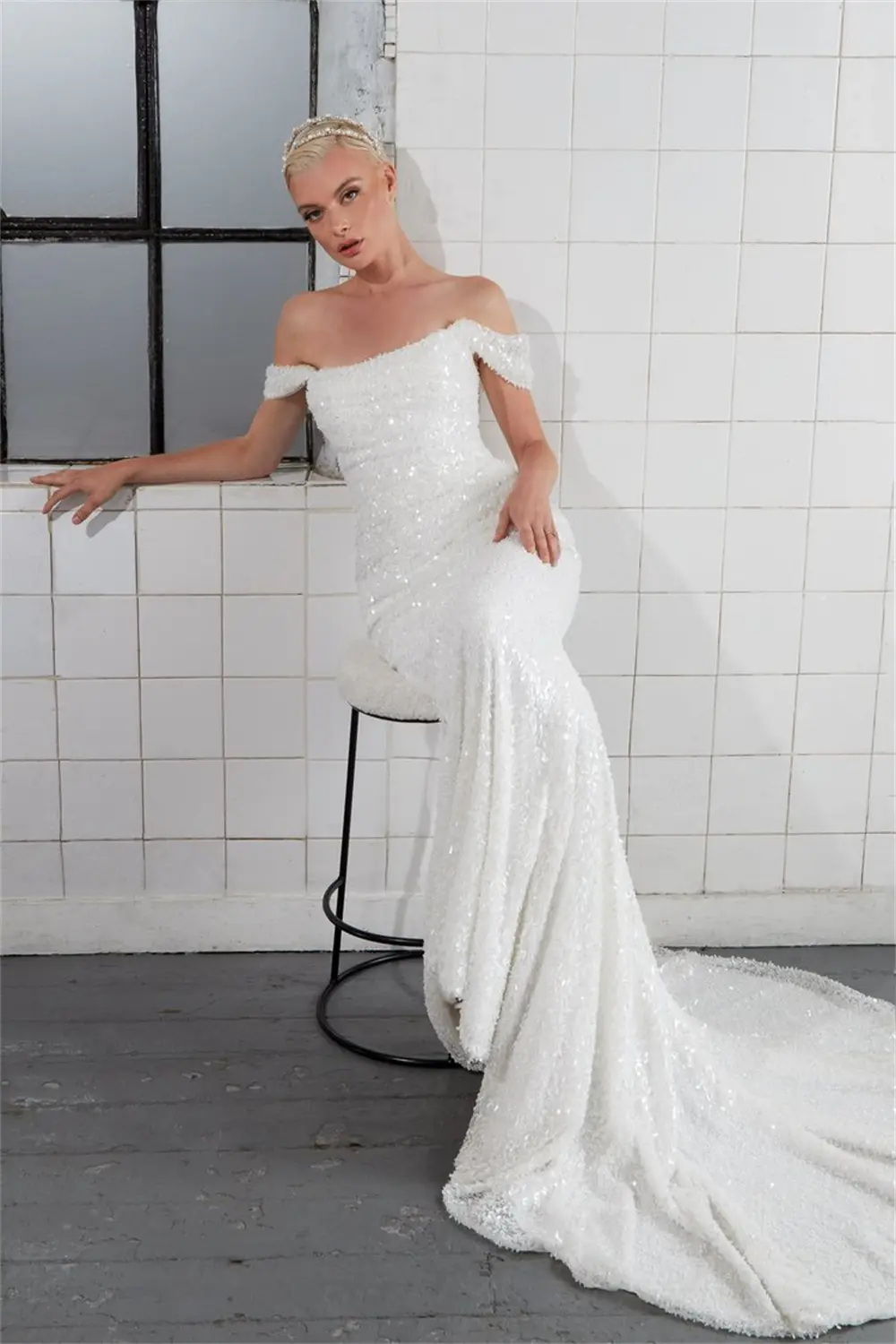 Shiny Off The Shoulder Sequined Mermaid Wedding Dresses Sweep Train Custom Made 2025 Vestido De NoIval