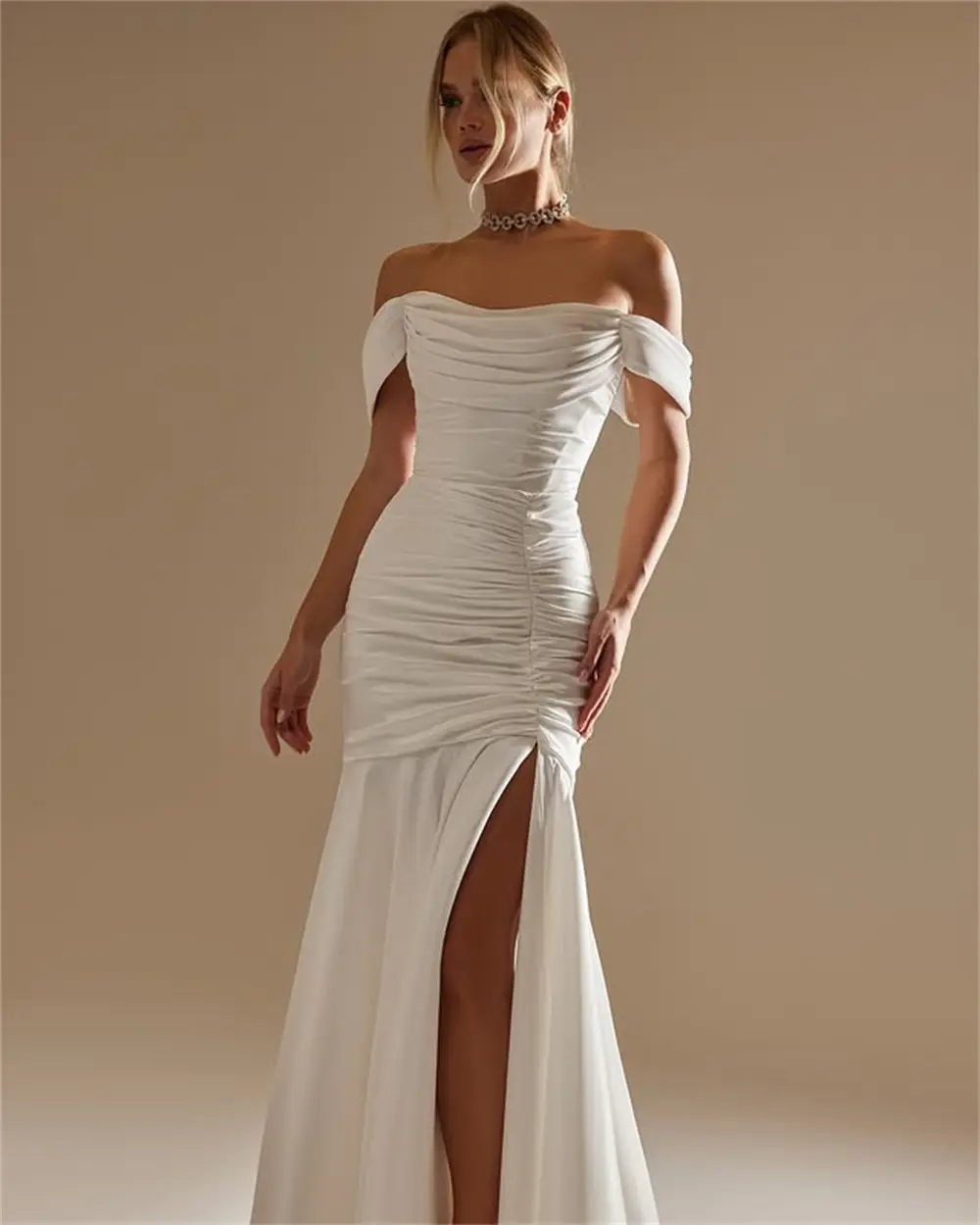 Simple Off The Shoulder Pleat Satin Mermaid Wedding Dresses Side Slit CUstom Made Bridal Grown 2026 Vestido De Noival
