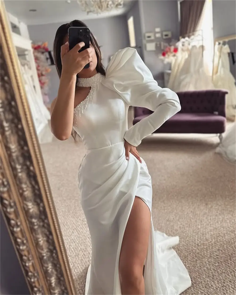 Charming High Neck Beaded Sequined One Sleeves Satin Sheath/Mermaid Wedding Dresses  Side Slit Custom Made Bridal Grown 2025