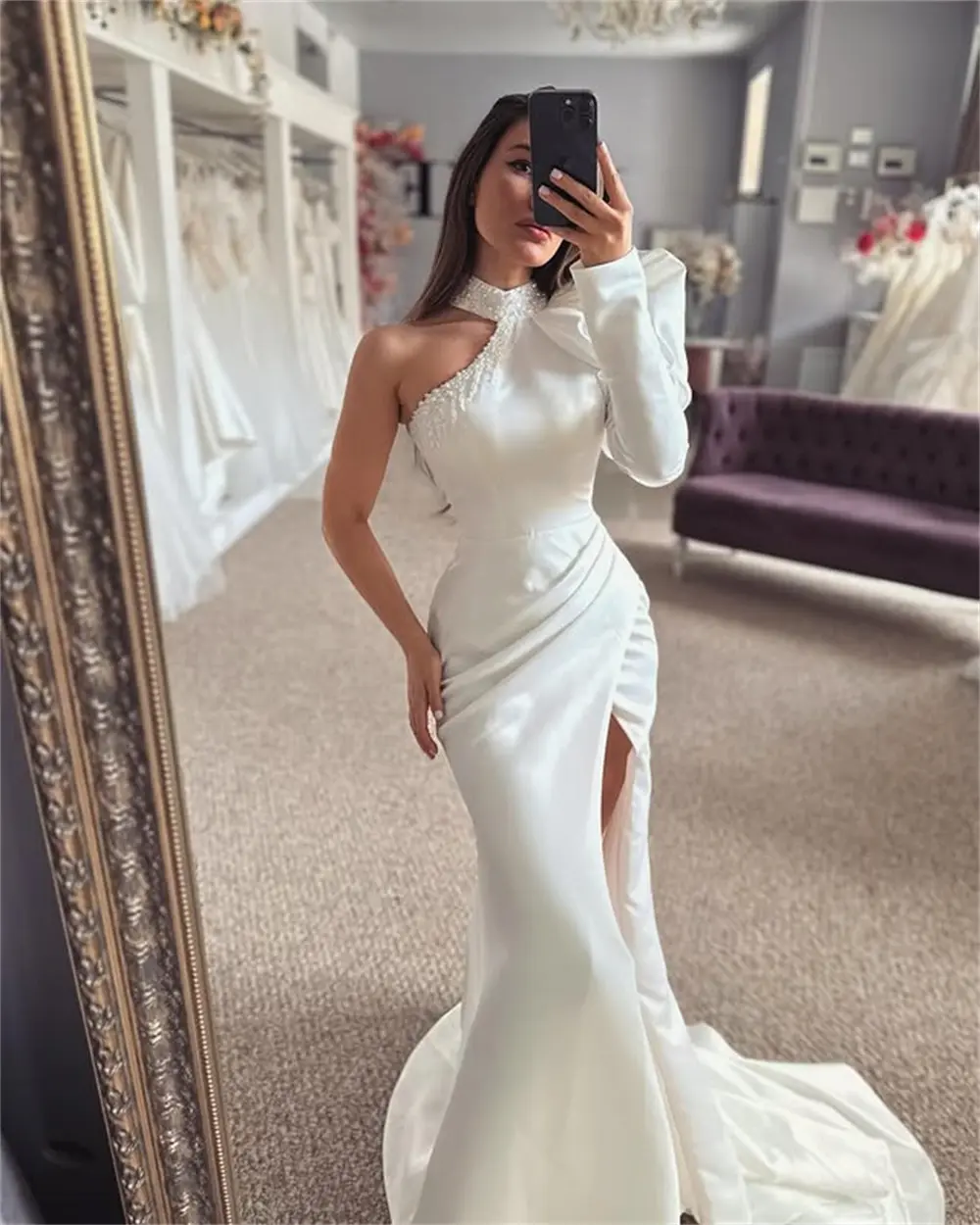Charming High Neck Beaded Sequined One Sleeves Satin Sheath/Mermaid Wedding Dresses  Side Slit Custom Made Bridal Grown 2025