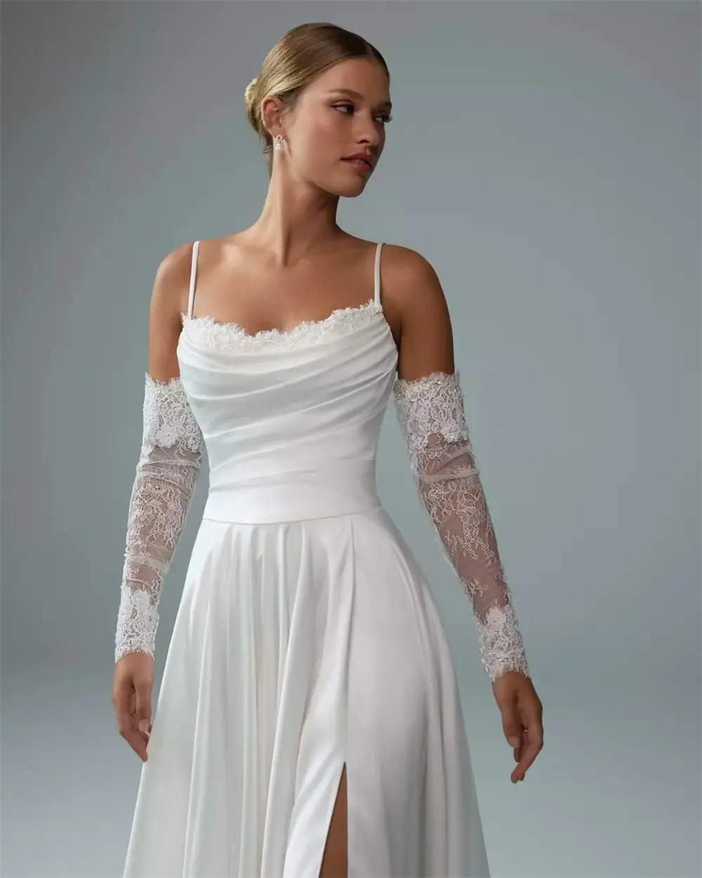 New Two straps Sweetheat Lace Pleat Satin A Line Wedding Dresses Side Slit Detachable Long Sleeves Custom Made 2026 Rode De Morr