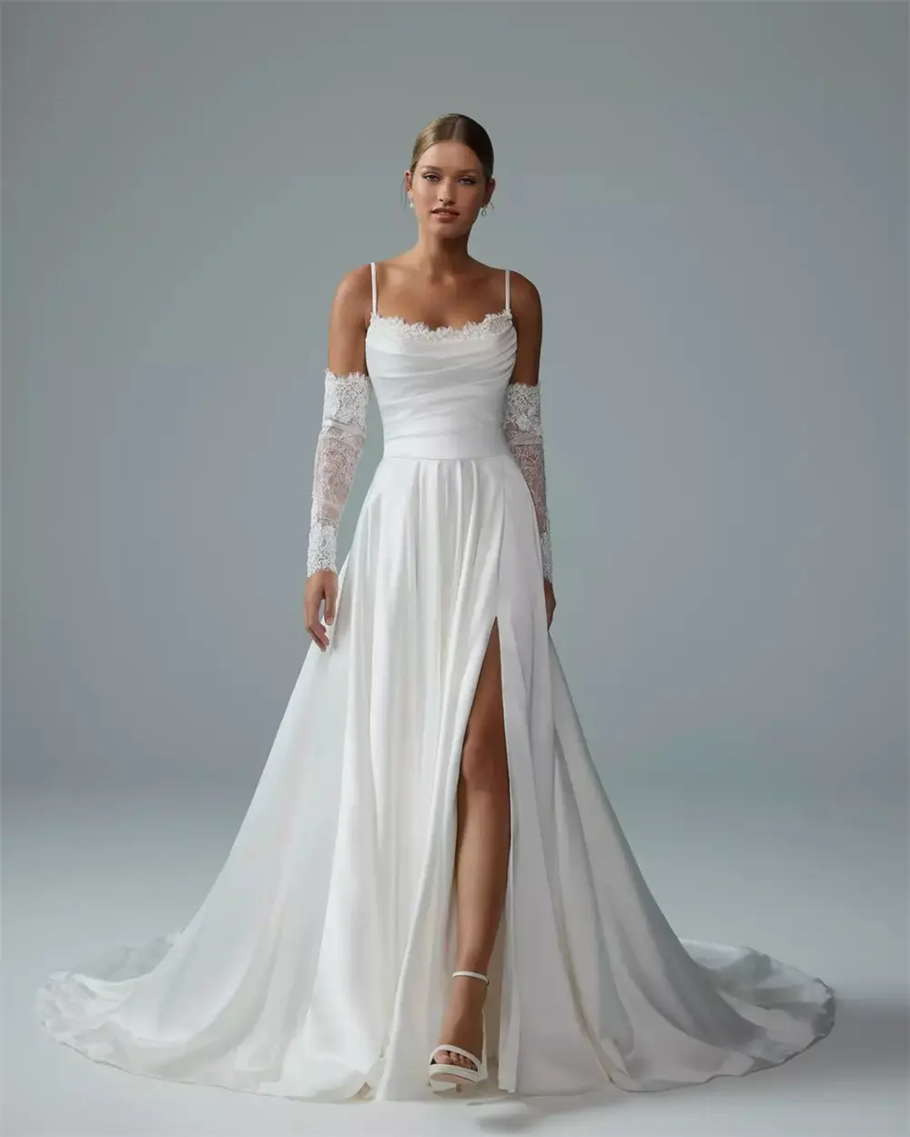 New Two straps Sweetheat Lace Pleat Satin A Line Wedding Dresses Side Slit Detachable Long Sleeves Custom Made 2026 Rode De Morr