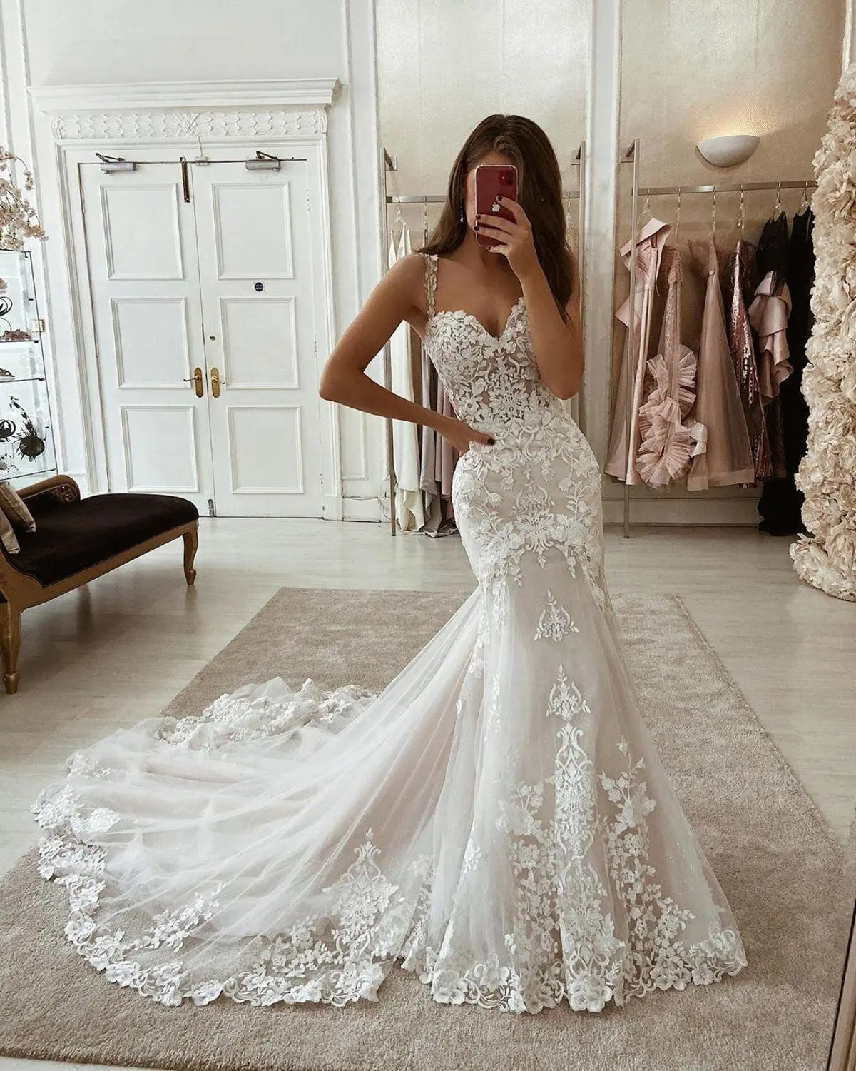 LORIE Ivory Mermaid Wedding Dresses Lace Appliques Tulle Bridal Gowns Train Sweetheart Spaghetti Straps Vintage Gown Customized