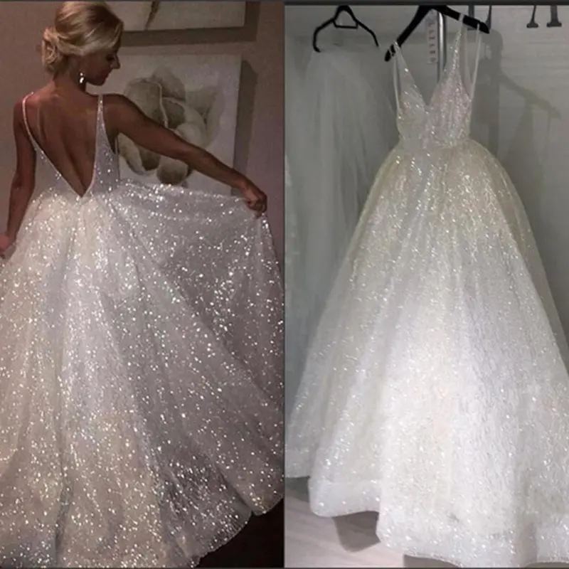 LORIE Glitter Women's Wedding Dress v neck tailoring wedding dresses свадебное платье бле gelinlik Arabic Bridal Gown Customized