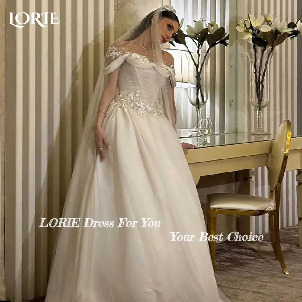 LORIE 3D Flower Shiny Wedding Dresses Off Shoulder Appliques Lace Bridal Gowns Princess Pleats Beach Wedding Dress customized