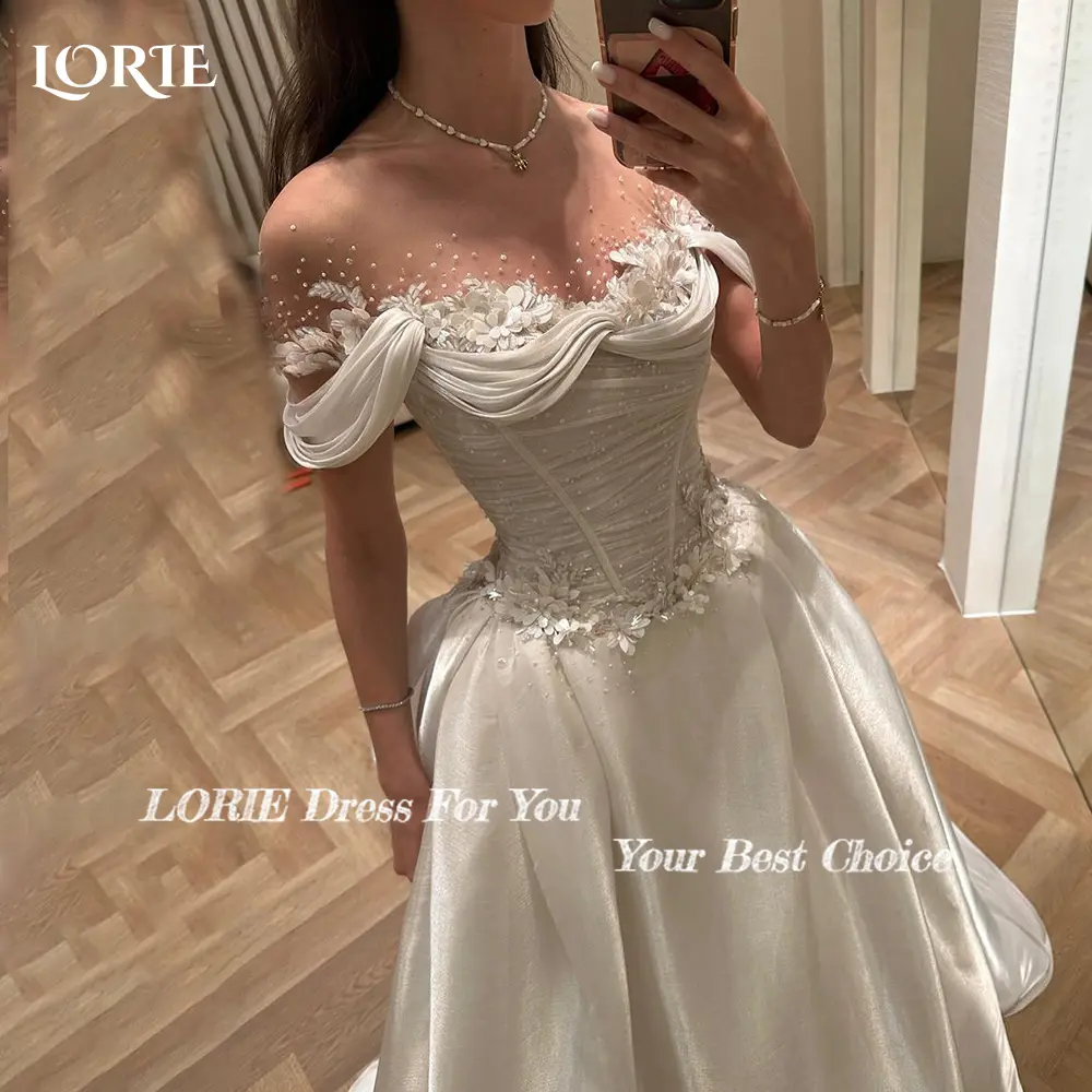 LORIE 3D Flower Shiny Wedding Dresses Off Shoulder Appliques Lace Bridal Gowns Princess Pleats Beach Wedding Dress customized