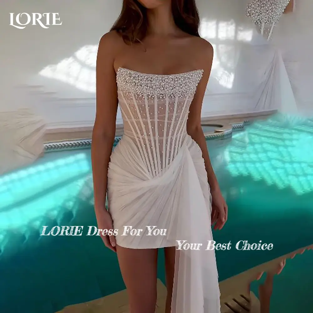 LORIE Sexy Short Wedding Dresses Pleats Strapless Pearls Bride Gowns Customized Corset Princess Bridal Gown vestidos de novia