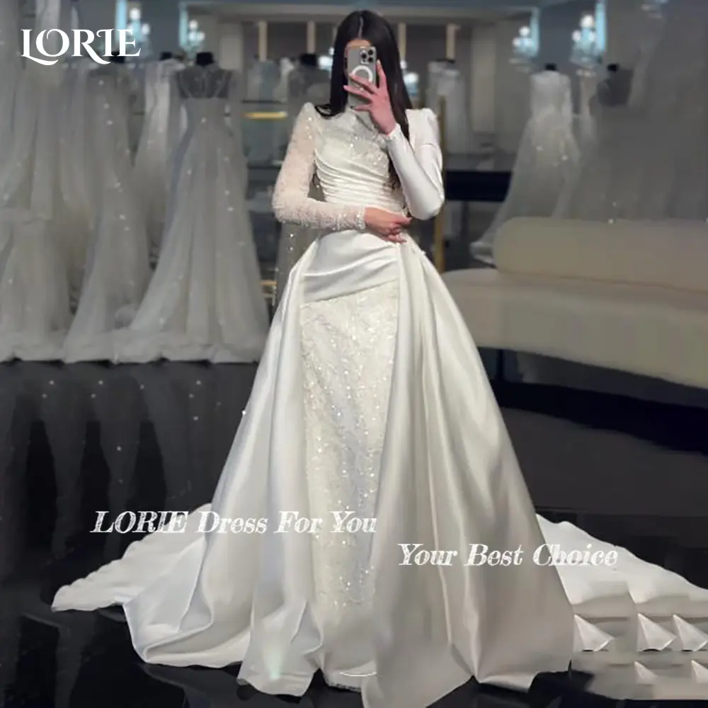 LORIE High Collar Shiny Wedding Dresses Pleated Lace Beach Bridal Gown Detachable Train Ruffle Shoulder Customized Bride Dress