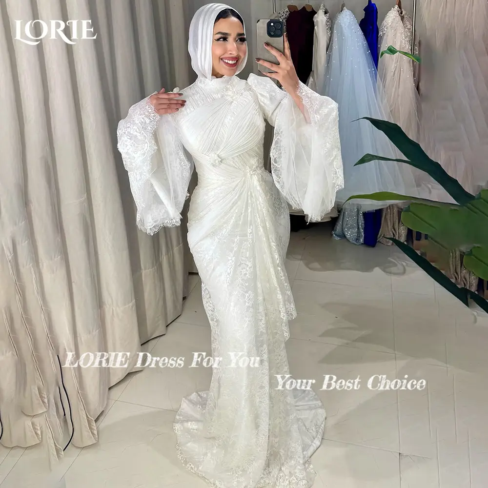 LORIE Lace Muslim Wedding Dresses Applique High Collar Flared Sleeve Church Mermaid Bridal Gown vestido de novia Customized