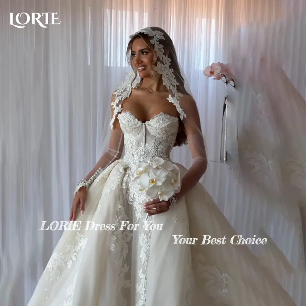 LORIE Graceful Lace Beach Wedding Dresses 3D Floral Appliqued Ball A-Line Bridal Gowns vestido de novia Plus size Customized