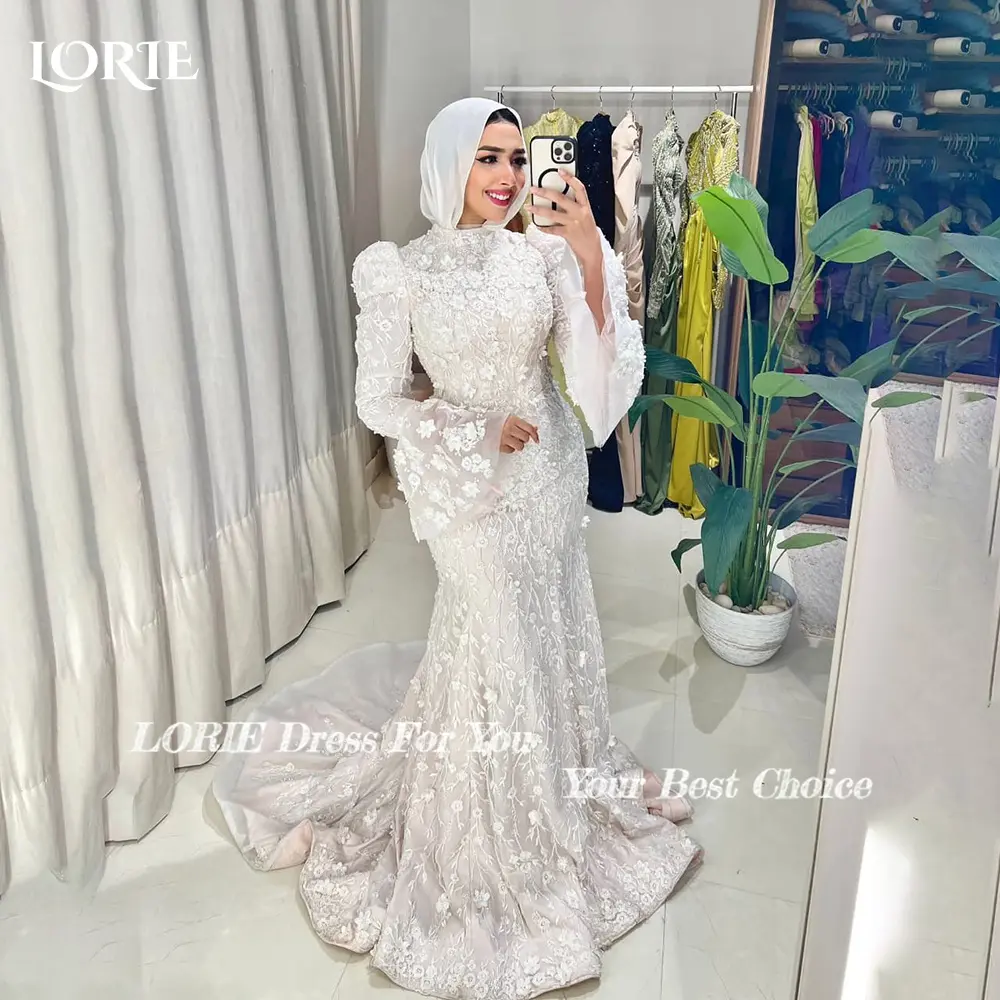 LORIE Lace Muslim Wedding Dresses Applique High Collar Puff Sleeve Church Mermaid Bridal Gown vestido de novia Customized