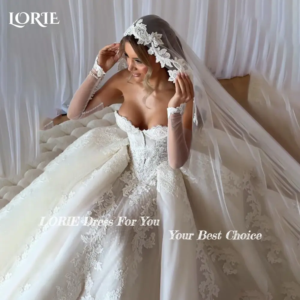 LORIE Graceful Lace Beach Wedding Dresses 3D Floral Appliqued Ball A-Line Bridal Gowns vestido de novia Plus size Customized
