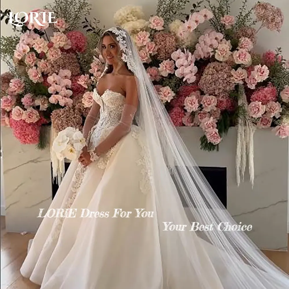 LORIE Graceful Lace Beach Wedding Dresses 3D Floral Appliqued Ball A-Line Bridal Gowns vestido de novia Plus size Customized