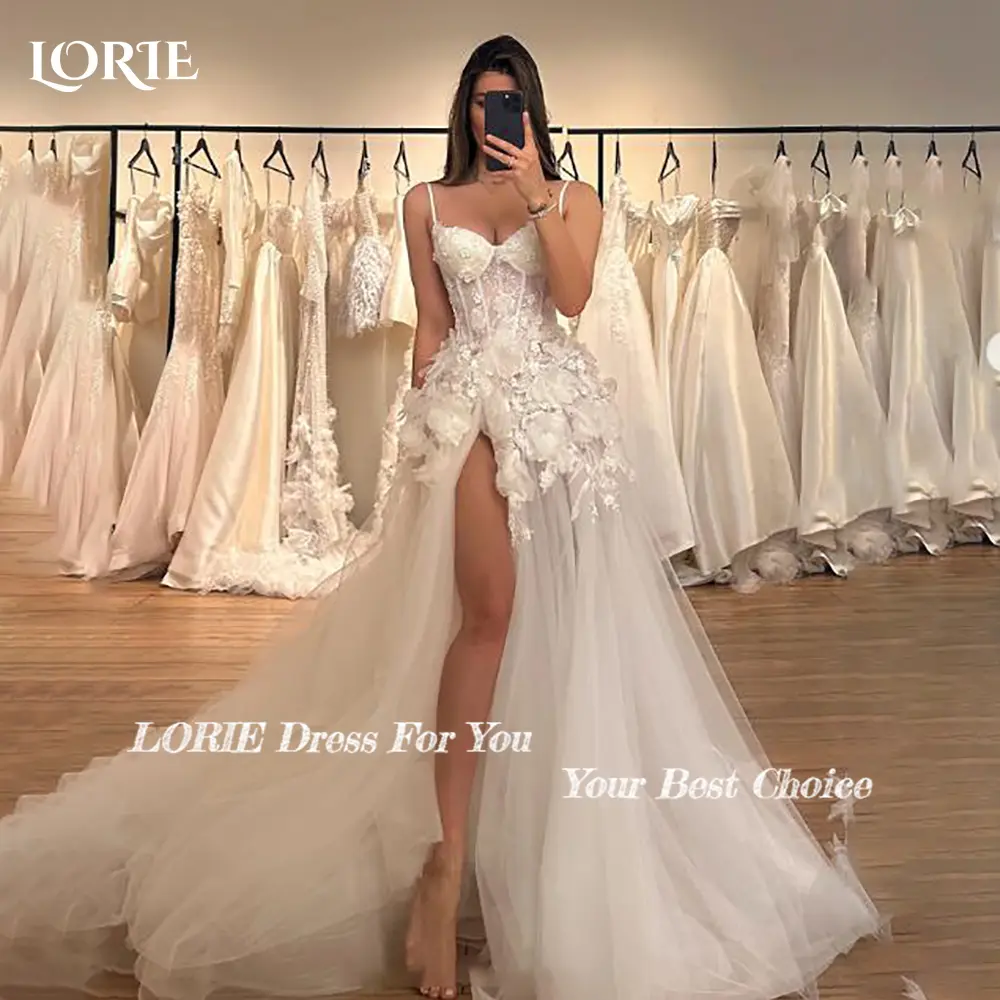 LORIE Graceful Lace Beach Wedding Dresses 3D Floral Appliqued Slit A-Line Bridal Gowns vestido de novia Plus size Customized