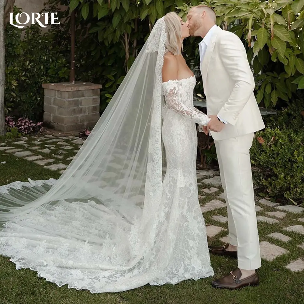LORIE Lace Wedding Dress Off Shoulder Long Sleeve A-line Appliques Mermaid Bride Gown Elegant Boho Bride Dress vestidos de novia
