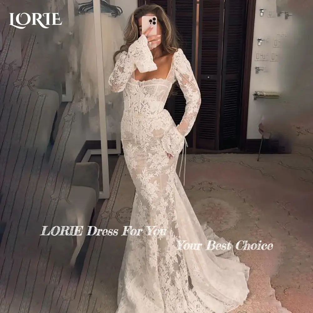 LORIE Lace Mermaid Wedding Dresses Long Sleeve Square Neck Bride Gown Appliques Bride Bridal Dress vestidos de novia Customized