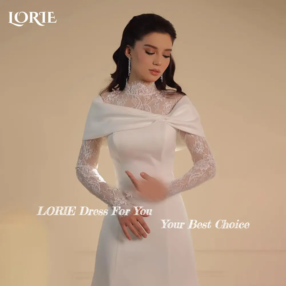 LORIE High Collar Lace Mermaid Wedding Dresses Muslim A-Line Appliques  Long Sleeve Bridal Gown Princess Bride Dress Customized