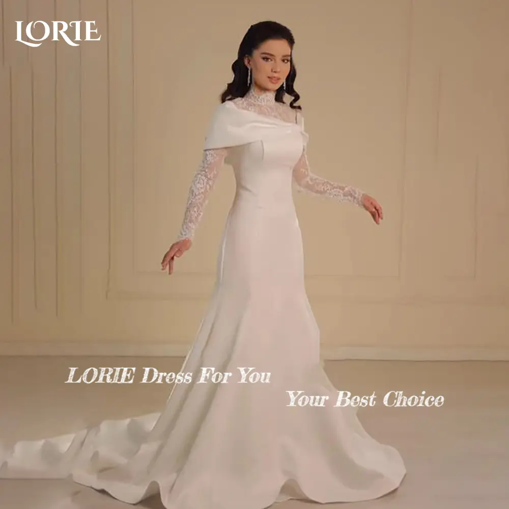 LORIE High Collar Lace Mermaid Wedding Dresses Muslim A-Line Appliques  Long Sleeve Bridal Gown Princess Bride Dress Customized