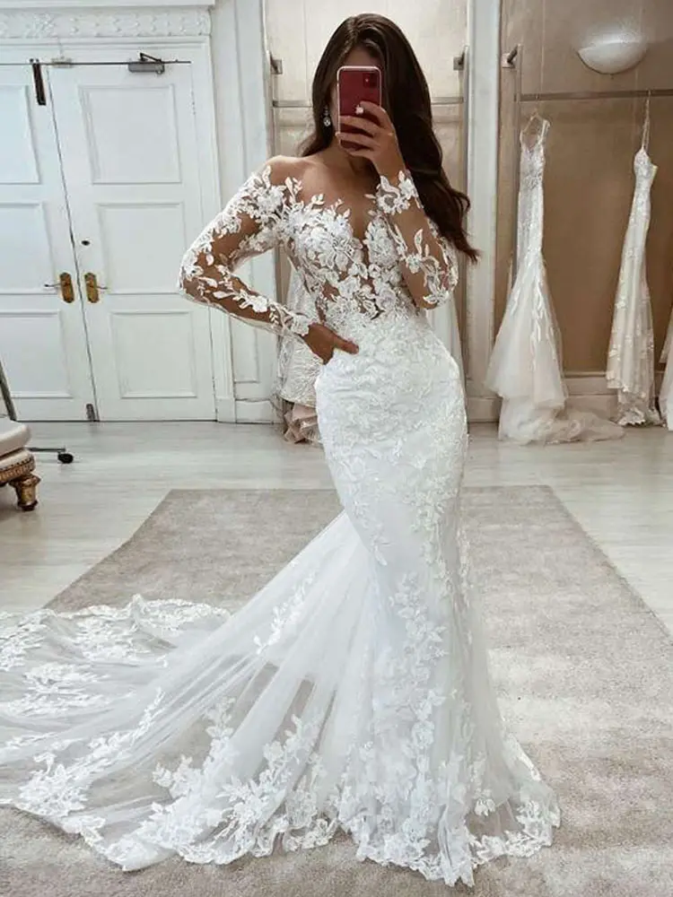 LORIE Boho Wedding Dresses Mermaid Lace Long Sleeves Wedding Gown Vintage White Ivory Custom Made Luxury Bridal Dress Customized