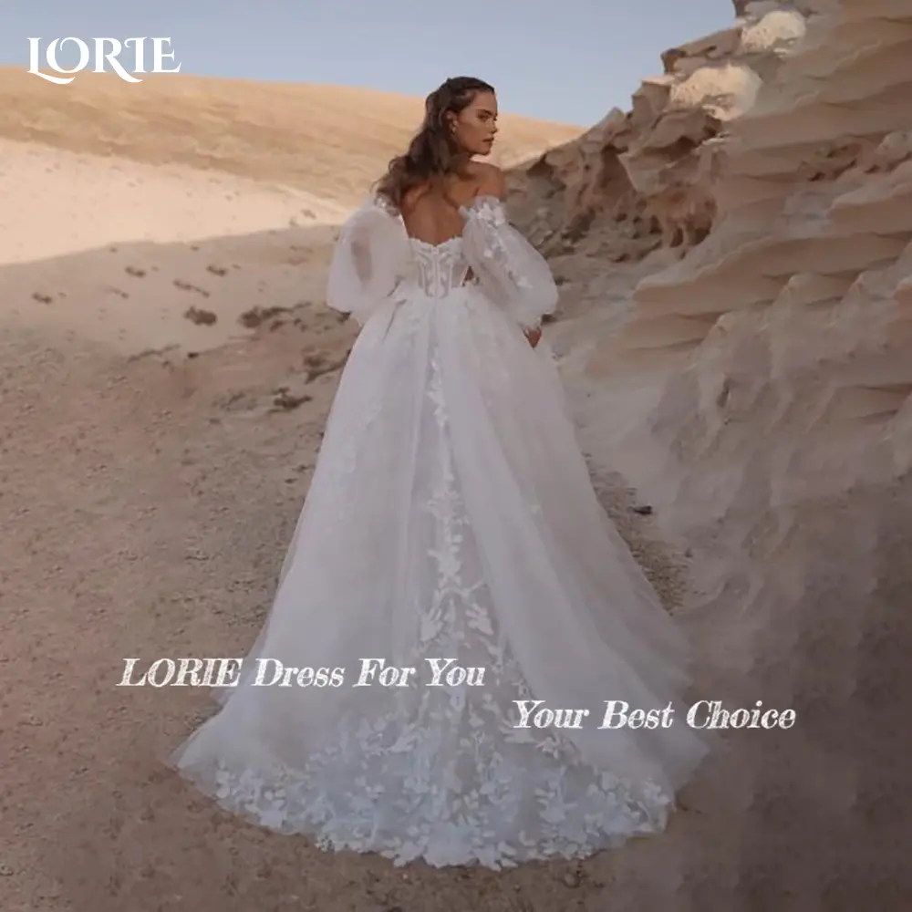 LORIE Glitter Wedding Dresses Puff Sleeve Appliques Lace 3D Flower off Shoulder Tulle Boho Bride Gown Customized vestidosdenovia