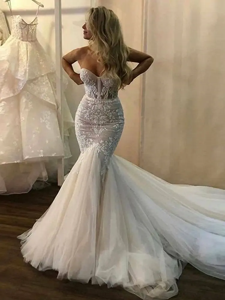 LORIE Lace Wedding Dresses Mermaid Strapless Boho Mermaid Bridal Gown Customized Princess Party Gown Puffy Tulle Bride Dress