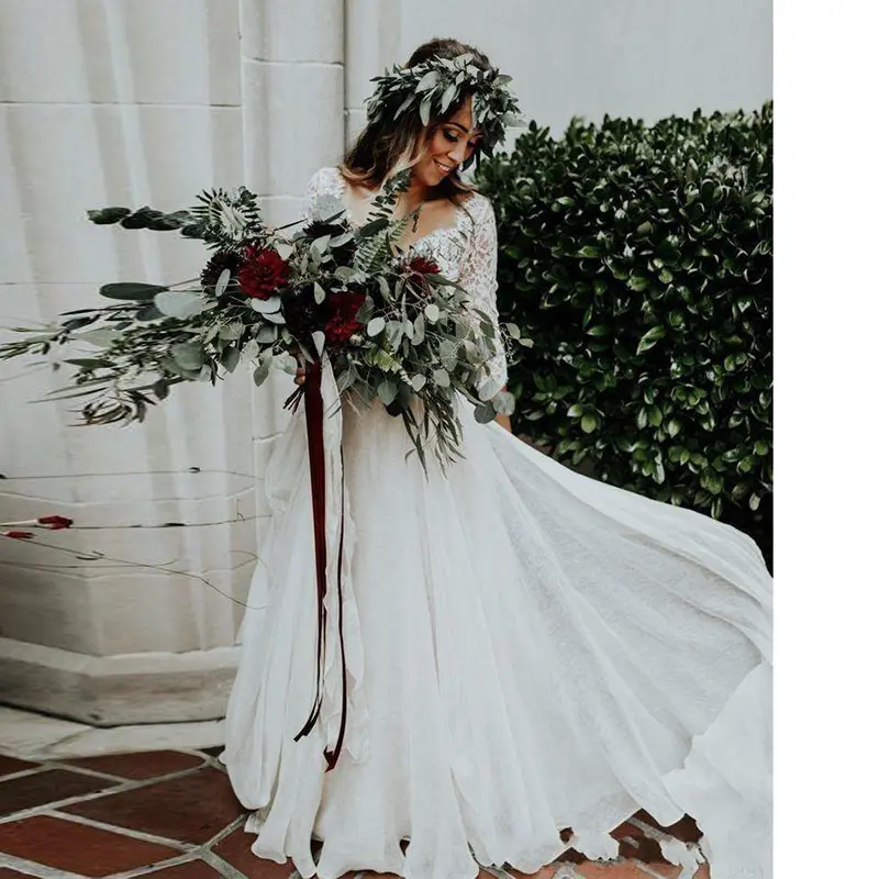 LORIE Boho Wedding Dress 3/4 Long Sleeve A Line White Ivory Chiffon Lace Princess Beach Bride Two Pieces Customized Wedding Gown