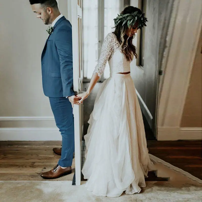 LORIE Boho Wedding Dress 3/4 Long Sleeve A Line White Ivory Chiffon Lace Princess Beach Bride Two Pieces Customized Wedding Gown