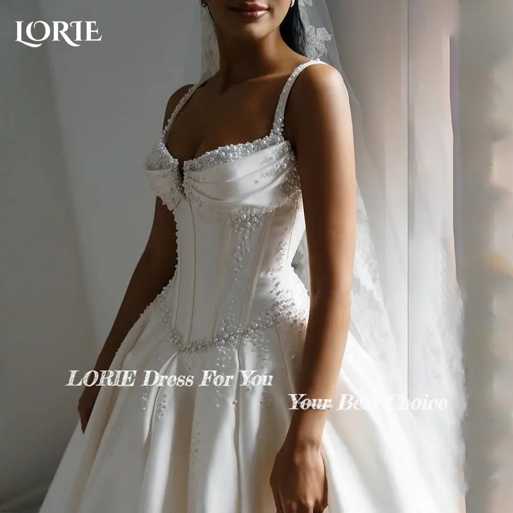LORIE Elegant Satin Wedding Dresses A-Line Beach Pearls Bridal Gown Spaghetti Straps Ruffle V Corset Customized Ball Bride Dress