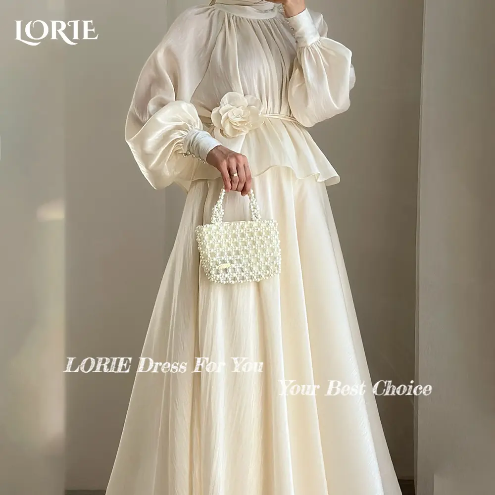 LORIE Muslim Wedding Dresses Puff Sleeve Pleats  O Neck High Collar A-Line Church Boho Bride Gown Customized vestidosdenovia